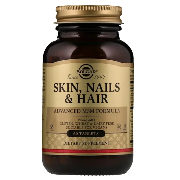 Solgar Skin Nail Hair Advanced MSM Formula 60 таблетки L-Proline L-лизин кремний цинк витамин с Медь
