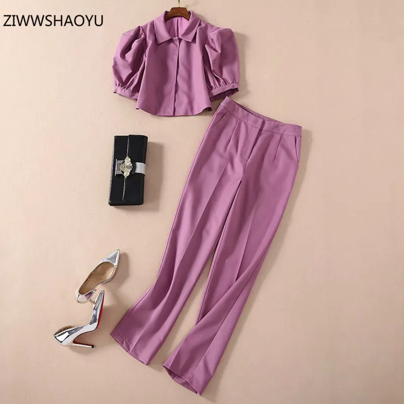 

Женский комплект из 2 предметов Ziwwshaoyu, фиолетовый короткий пиджак с отложным воротником и рукавами-фонариками и свободные широкие брюки, ле...