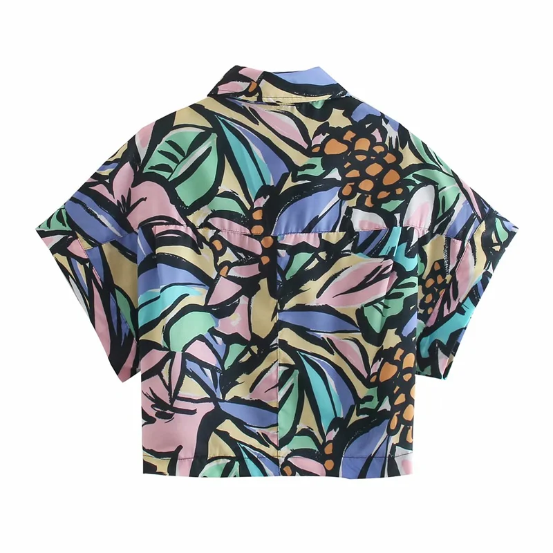 

Summer Za 2021 Womens Shrit Tops Print Lapel Short Sleeve Blouses Front Button Casual Fashion Ultrashort Mini Floral Color Shirt