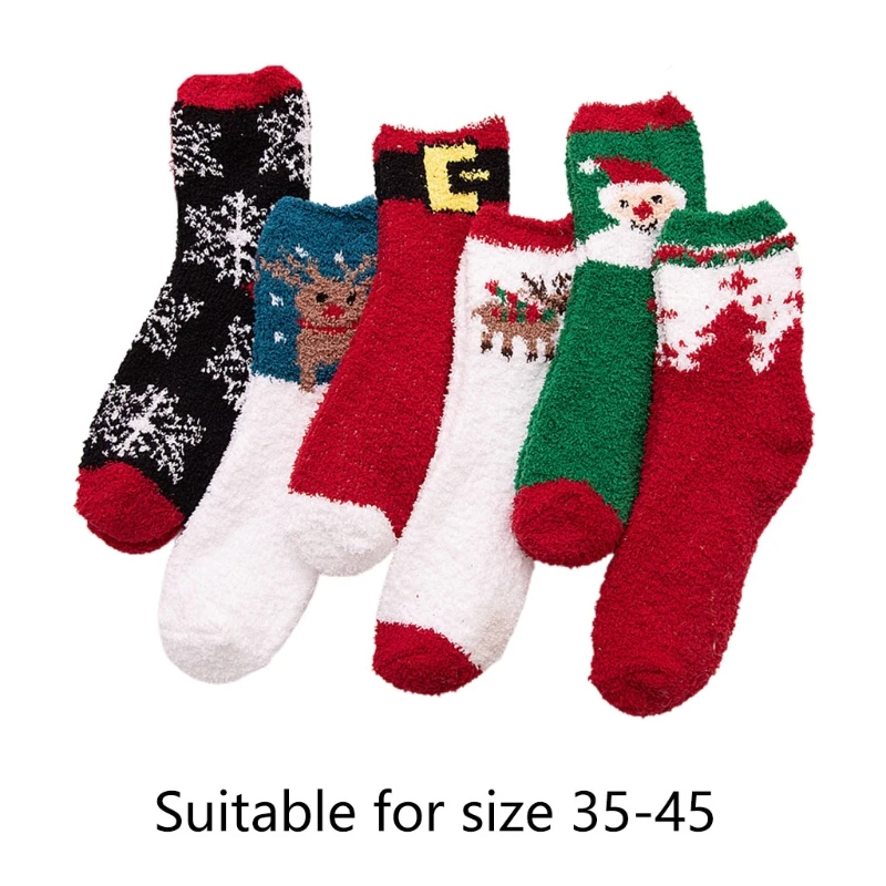 

6 Pairs Christmas Santa Elk Snowflakes Casual Coral Fleece Socks Autumn Winter Warm Soft Fuzzy Sock for Women