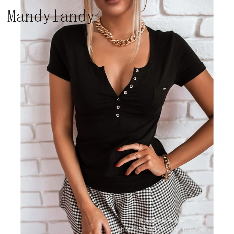 

Mandylandy T-shirt Summer Casual Slim V-neck Short Sleeve T-shirt Women's Fashion Solid Color Pocket Single-Breasted T-shirt Top