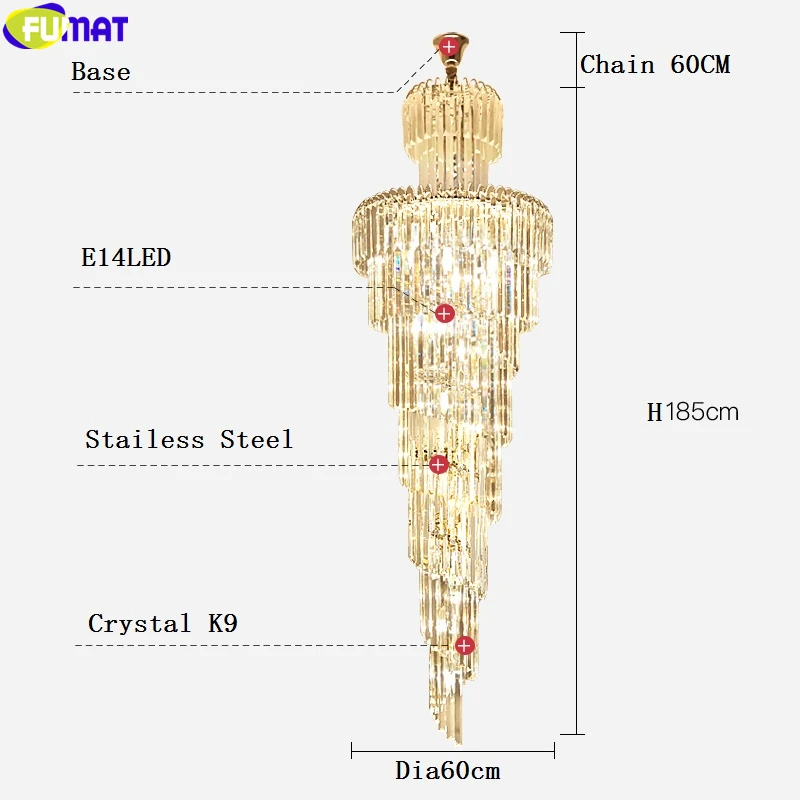 買取 FUMAT クリスタル K9 列ペンダントランプヴィラ階段リビングルームライトスパイラル裁判所ヨーロッパスタイルライトシャンデリア器具