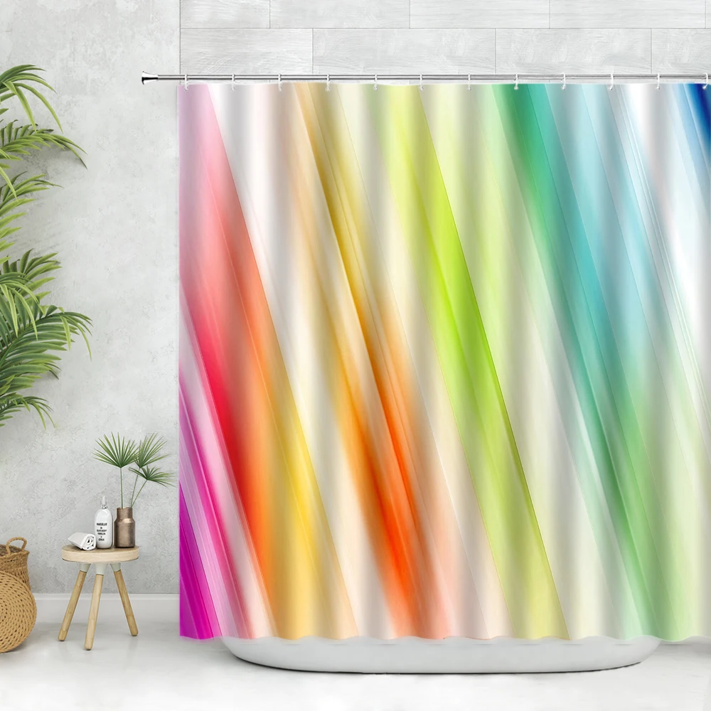 

Geometric Gradient Colorful Stripe Shower Curtain Set Creative Rainbow Design Modern Decor Bathroom Bathtub Curtains Polyester