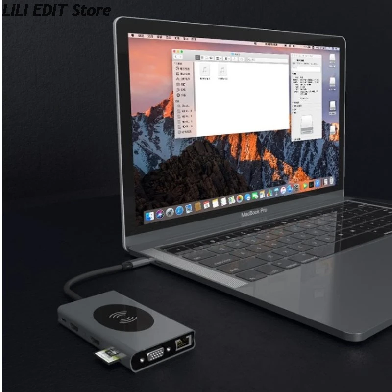 

14 In 1 USB-C Hub Docking Station Adapter USB 3.0 Wireless Charge Dual HDMI-compatible VGA 3.5mm Audio RJ45 For Macbookpro