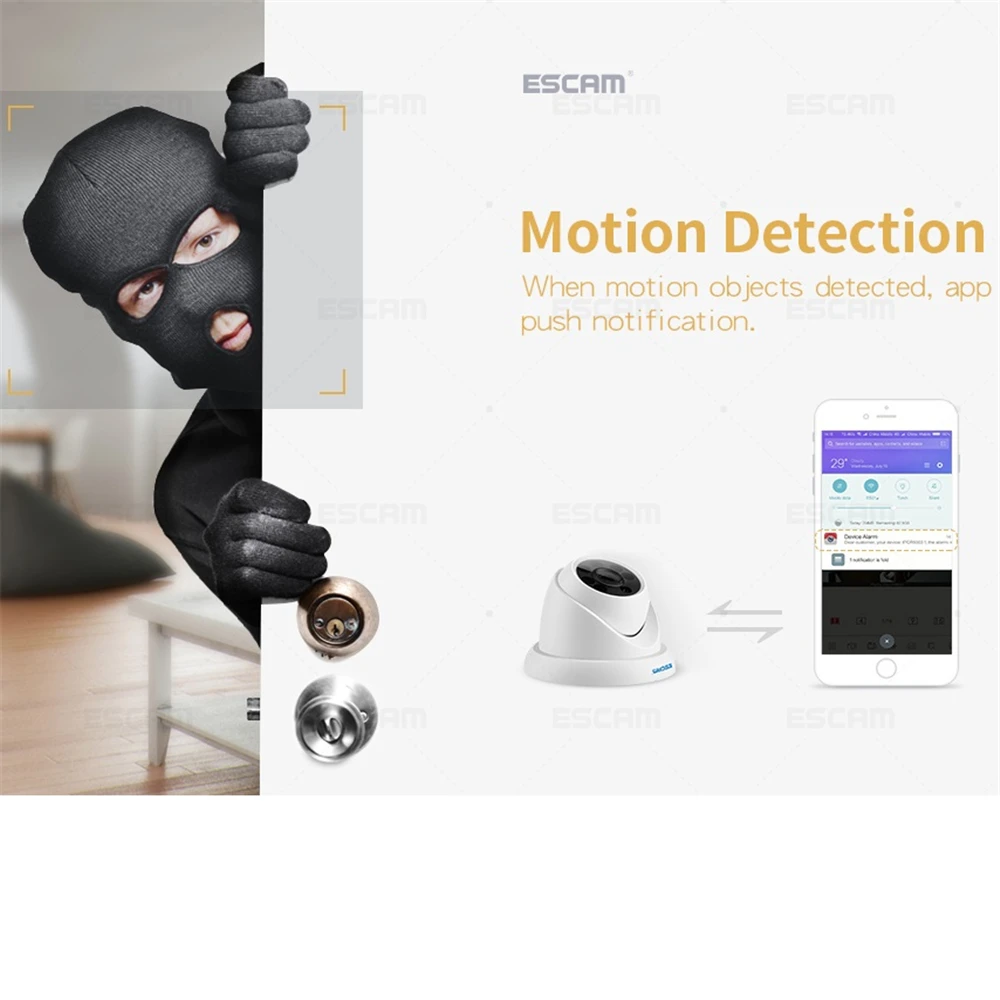 ESCAM QH001 ONVIF H.265 1080P P2P ИК купольная IP камера с функцией интеллектуального анализа