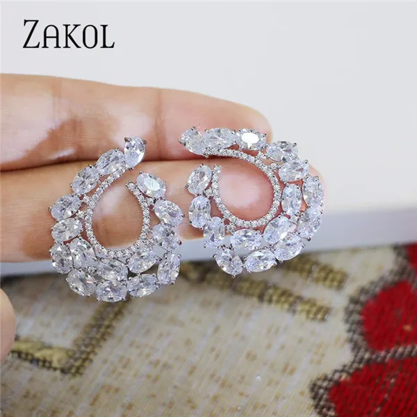 Бренд ZAKOL, свадебные ювелирные изделия, модные, высокое качество, прозрачный Cz Циркон, CC форма, серьги-гвоздики для женщин, Кристальные вечерние ювелирные изделия FSEP069 - Окраска металла: White