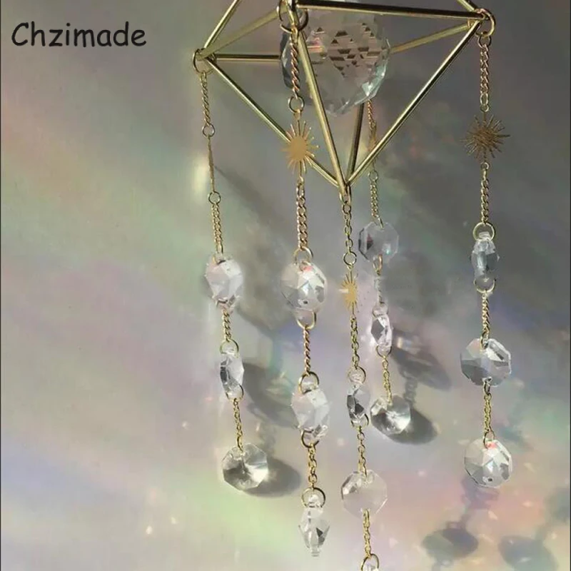 

Chzimade K9 Crystal Hoop Moon Sun Wind Chimes Hanging Suncatcher Rainbow Chaser Window Curtains Pendant Home Decor Gifts