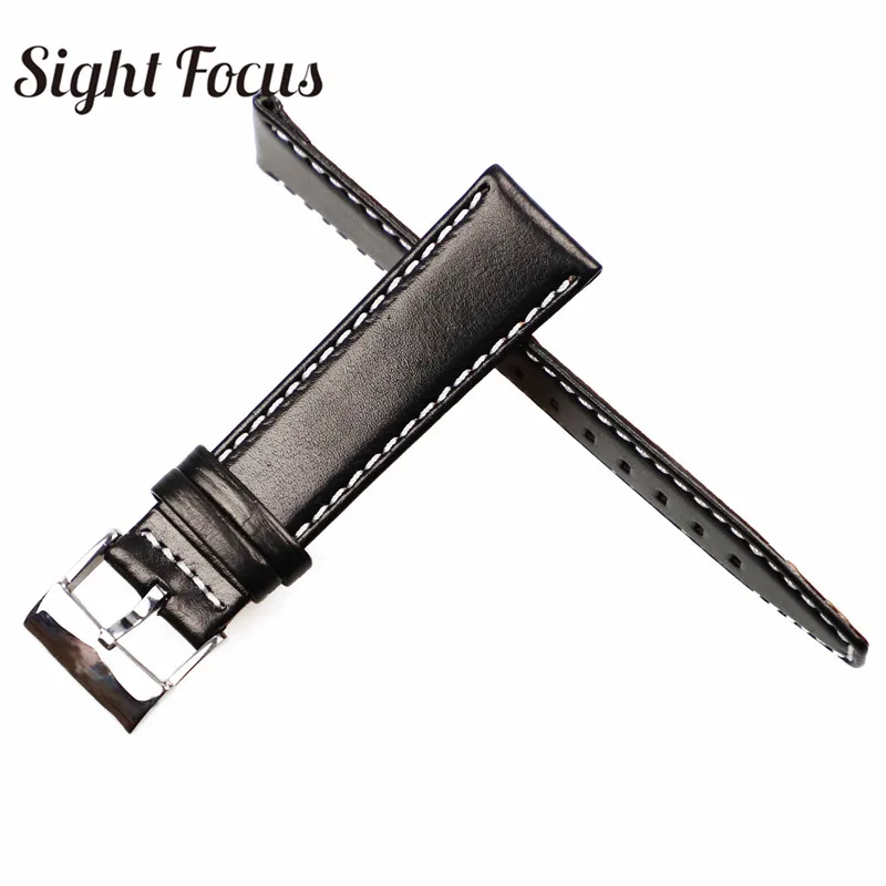 Ремешок кожаный для мужских часов сменный черный браслет с крыльями пряжкой 22 мм