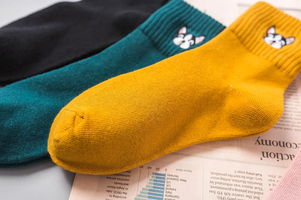 Socks for women cotton embroidery French bulldog sock ladies cartoon winter thick socks female casual kawaii sox dropshipping