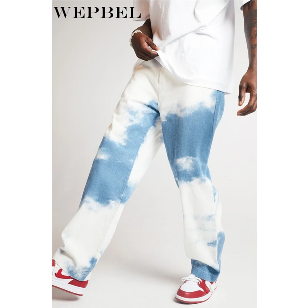 

WEPBEL Men Casual Tie Dye Print Loose Straight Denim Pants Sky Blue Long Trouser Straight Jeans