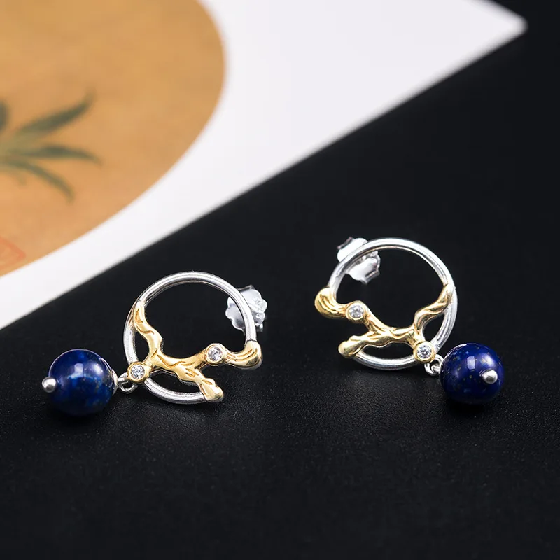 

Lapis Lazuli Branch Earrings Real 925 Silver Vintage Style Jewelry Women's Elegant Inlaid Zircon Earrings Accessories Gifts
