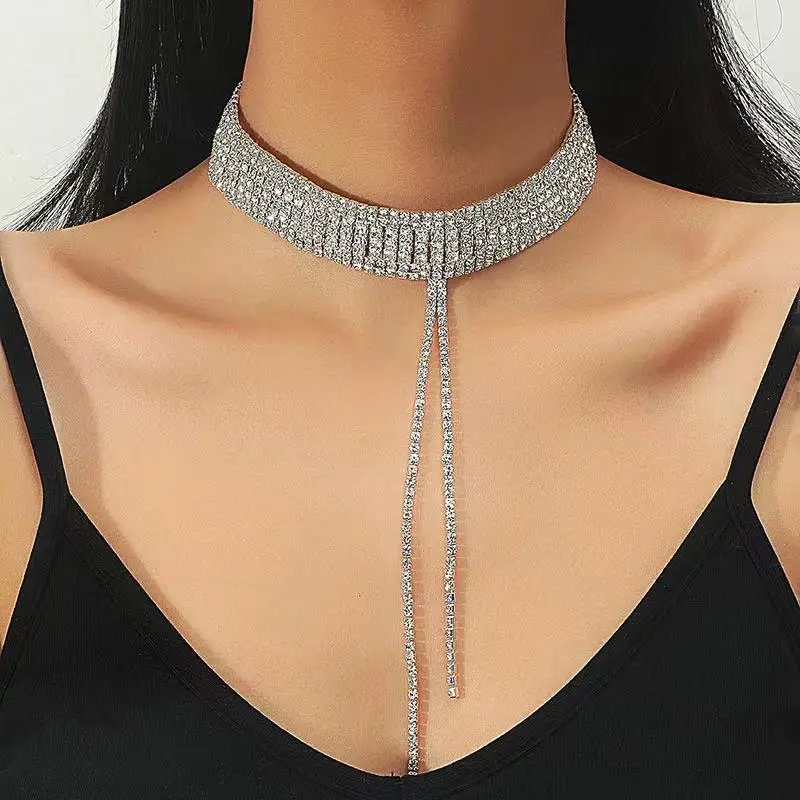 

Fashion shining Rhinestone multi row collar Tassel Necklace Jewelry women's luxury crystal collar wide collar Chain Necklace Jew