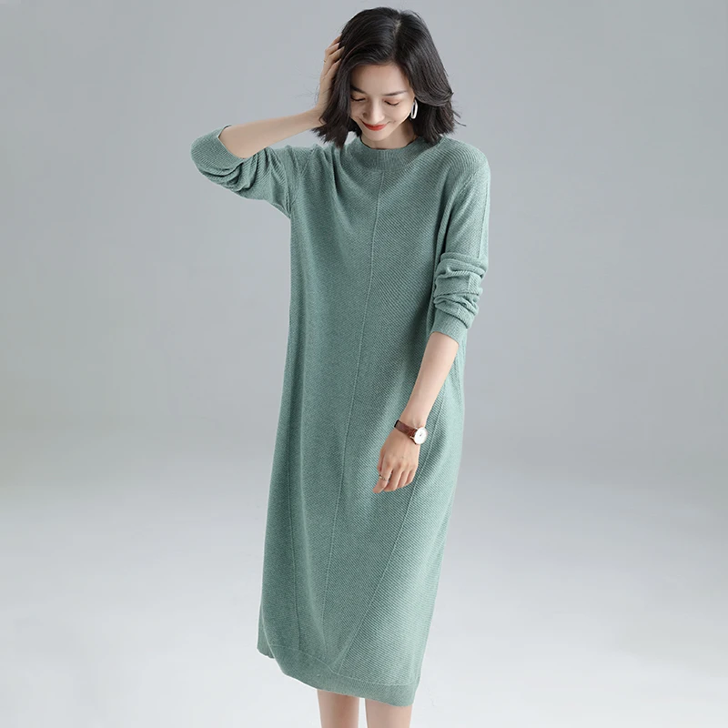 Женское шерстяное платье 2020 вязаное длинное осень зима с длинным рукавом