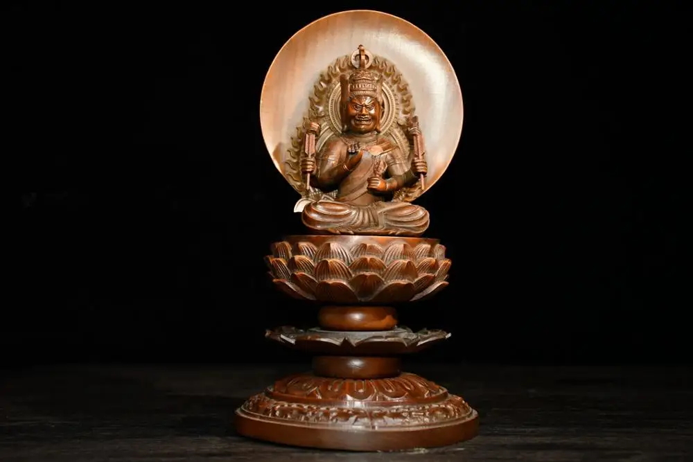 

Home Decor 11" China Collection Old Boxwood Fudo Zun Bodhisattva Statue Aryaacalanath statue With backlight Amitabha