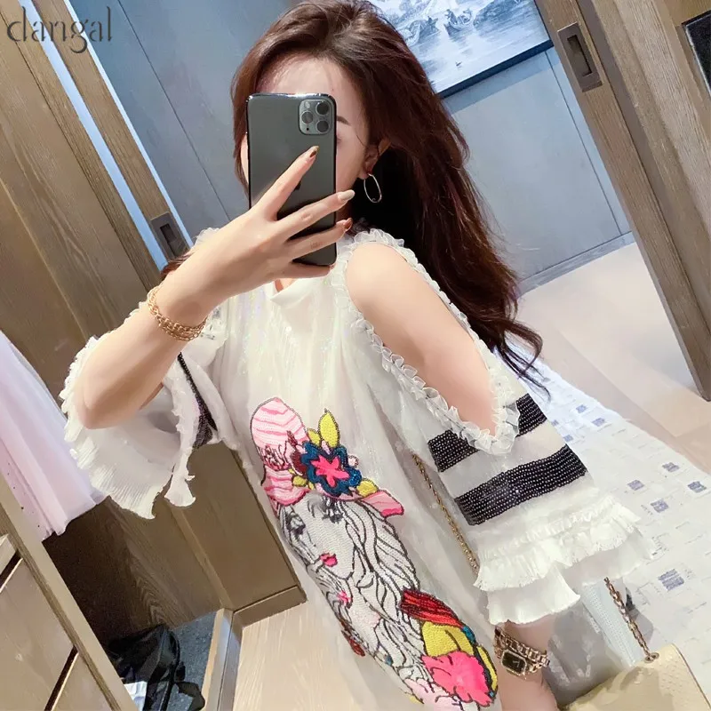 Новинка футболка с блестками Длинное свободное платье зеленая