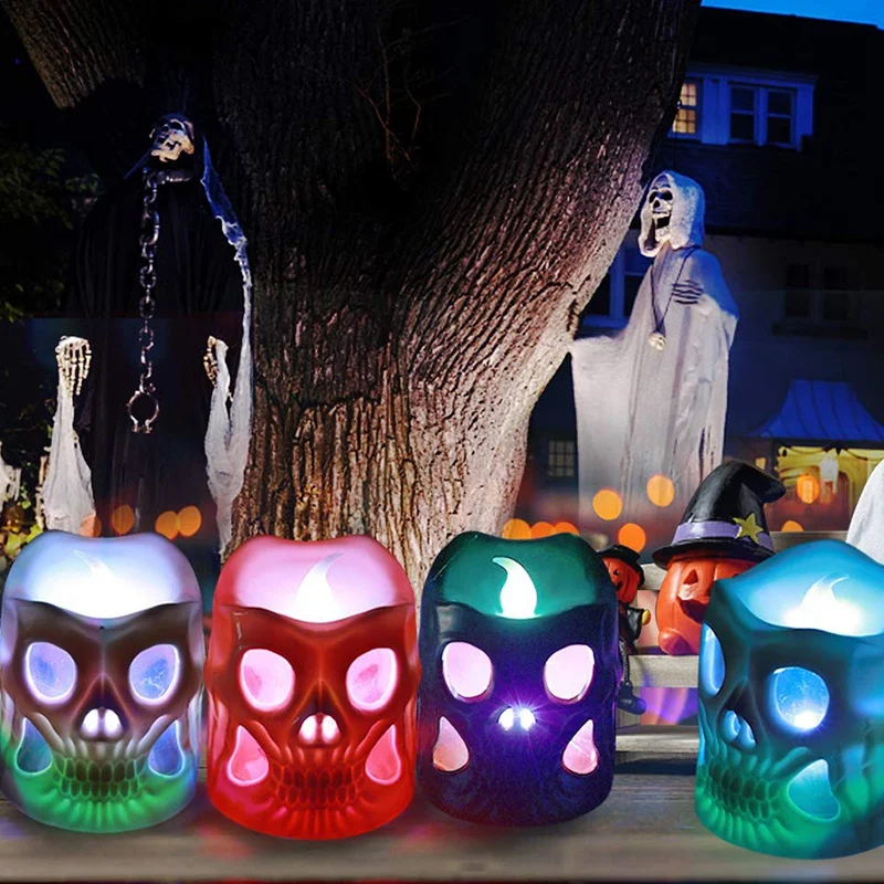 Топ-светодиодный свет Хэллоуин работающий от батареек 3D скелет свечи мерцающий