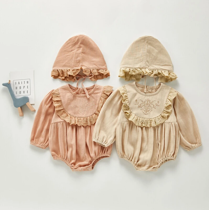 

Newborn Girls 2-piece Set Solid Color Lace Long Sleeve Top Jumpsuit Ruffle Hat Romper Cotton Linen Jumpsuit 0-18M