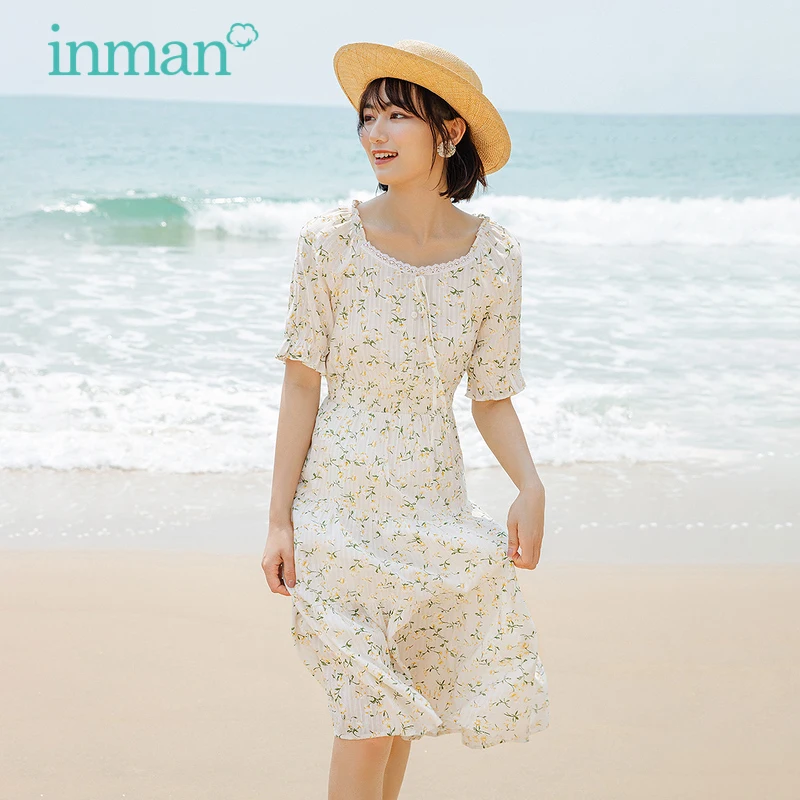 

INMAN Summer Women Beach Dress White Fresh Style Lace Neckline Tether Flower Print Collect Waist Jacquard Layered Hem One-Piece