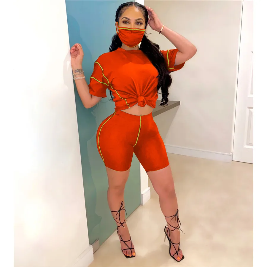 

Striped Womens Tracksuits with Mask O Neck Short Sleeve Skinny Two Piece Set for Women Casual Sports Slim Ladies 2PCS Outfits