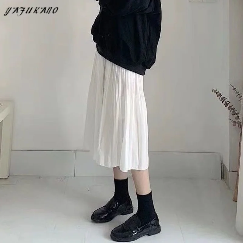

Skirts Women Solid Pleated Midi Skirt Girls Elegant Fashion Loose Simple Leisure Sweet All-match Ladies Retro Breathable Chic