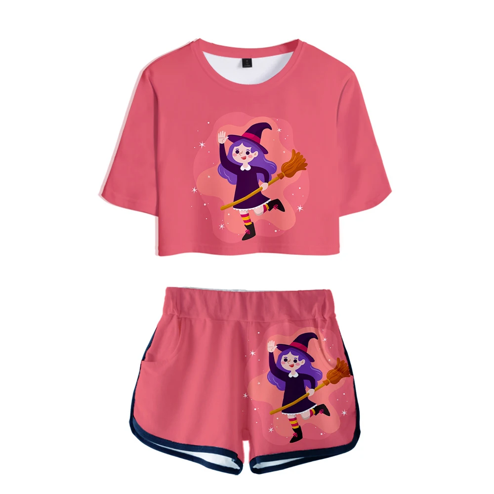 

WAWNI Halloween Exposed Navel T Shirt 3D Fashion Hip Hop Suit Harajuku Polyester Casual Shorts Two Piece Set Women Pumpkin