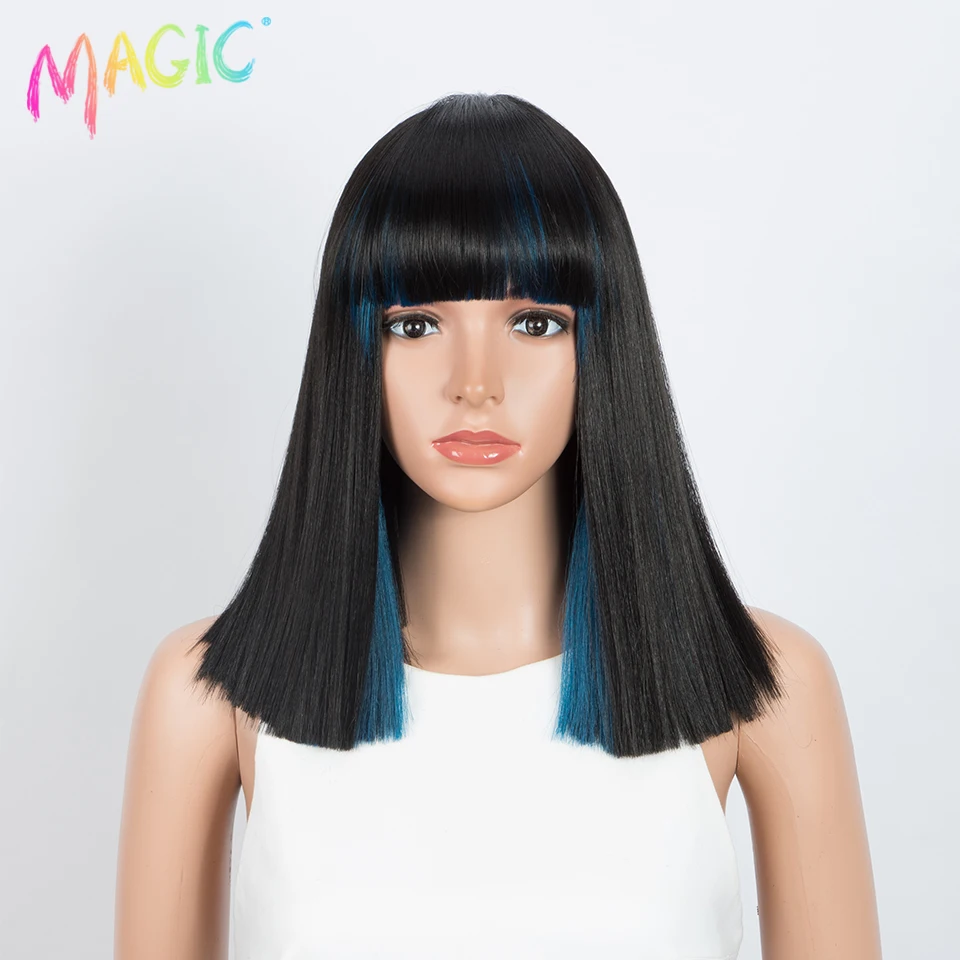 

Волшебные синтетические парики короткий боб прямой парик с челкой окрашивание ушей Омбре розовые синие парики термостойкие волокна для же...