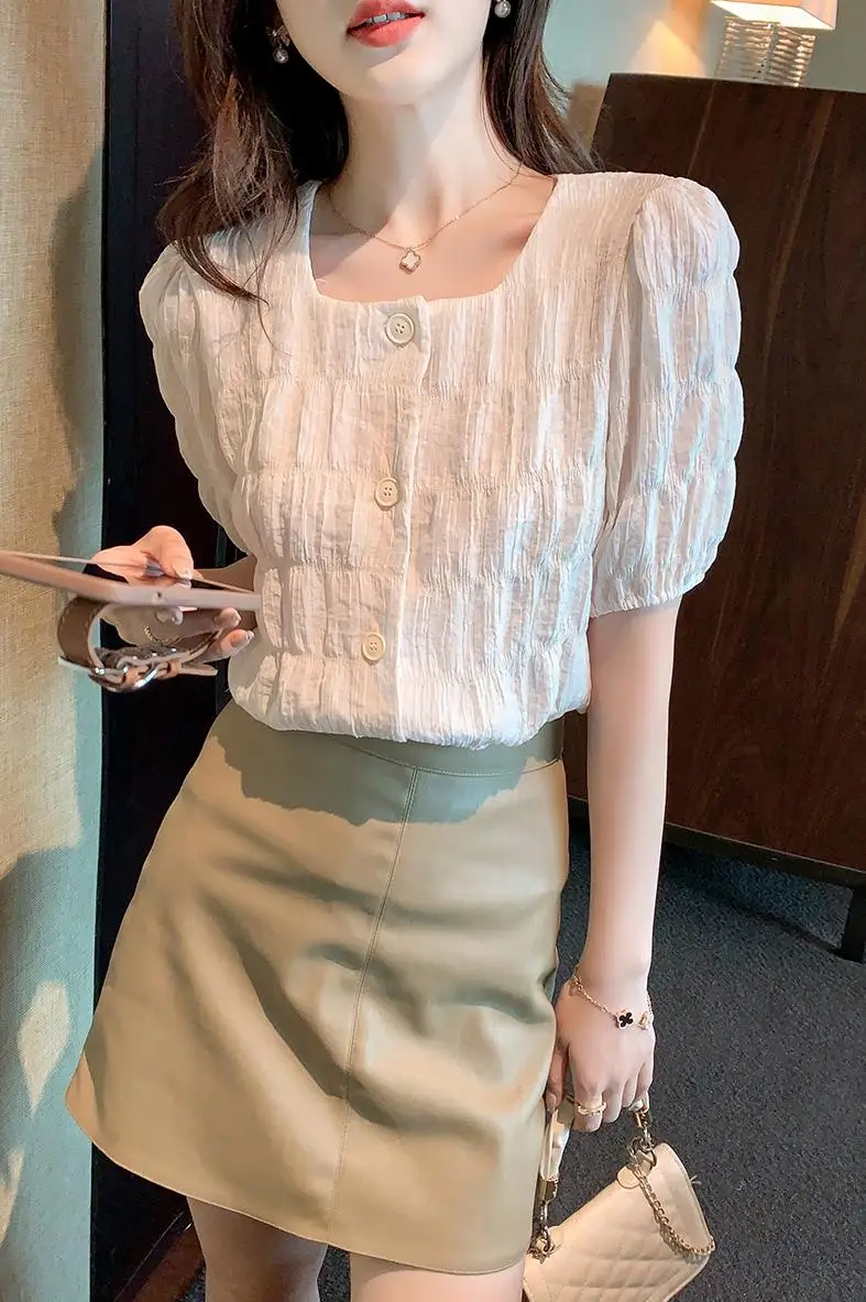 

Chikichi 2021 Summer New Style Korean Fashion Lantern Sleeve Short Sleeve Square Collar Shirt Blouse