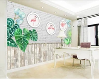 european style hand painted flamingo wooden board brick wall green leaf background wall painting professional custom wallpaper
