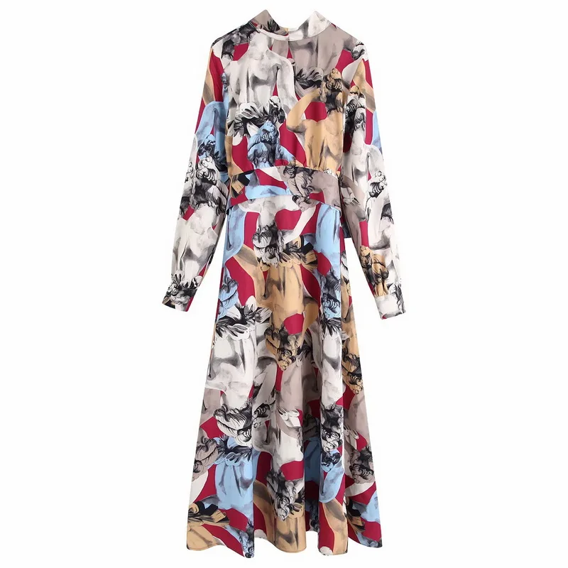 Осеннее женское длинное платье 2019 новая мода принт с персонажами поясом длинный