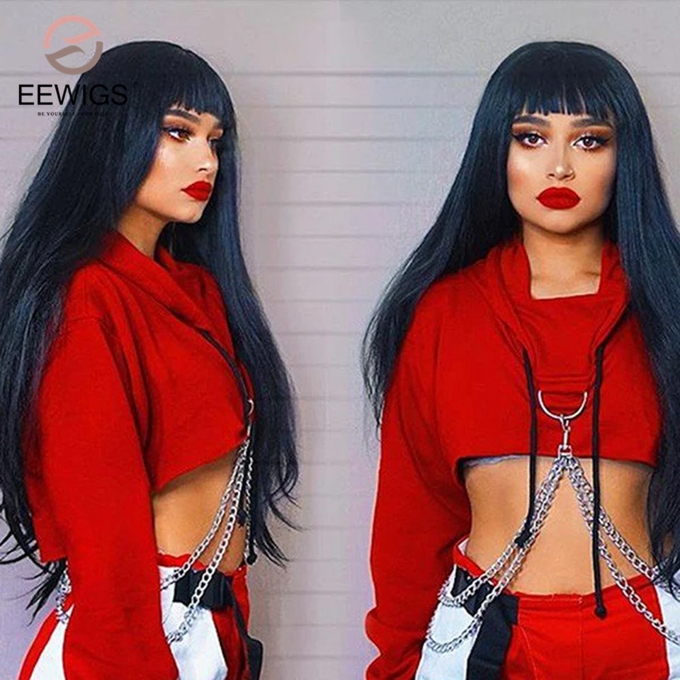 EEWIGS, яки, прямой, длинный, черный парик с плоским взрыва, натуральный, машинный, парик, без клея, синтетические парики для черных женщин