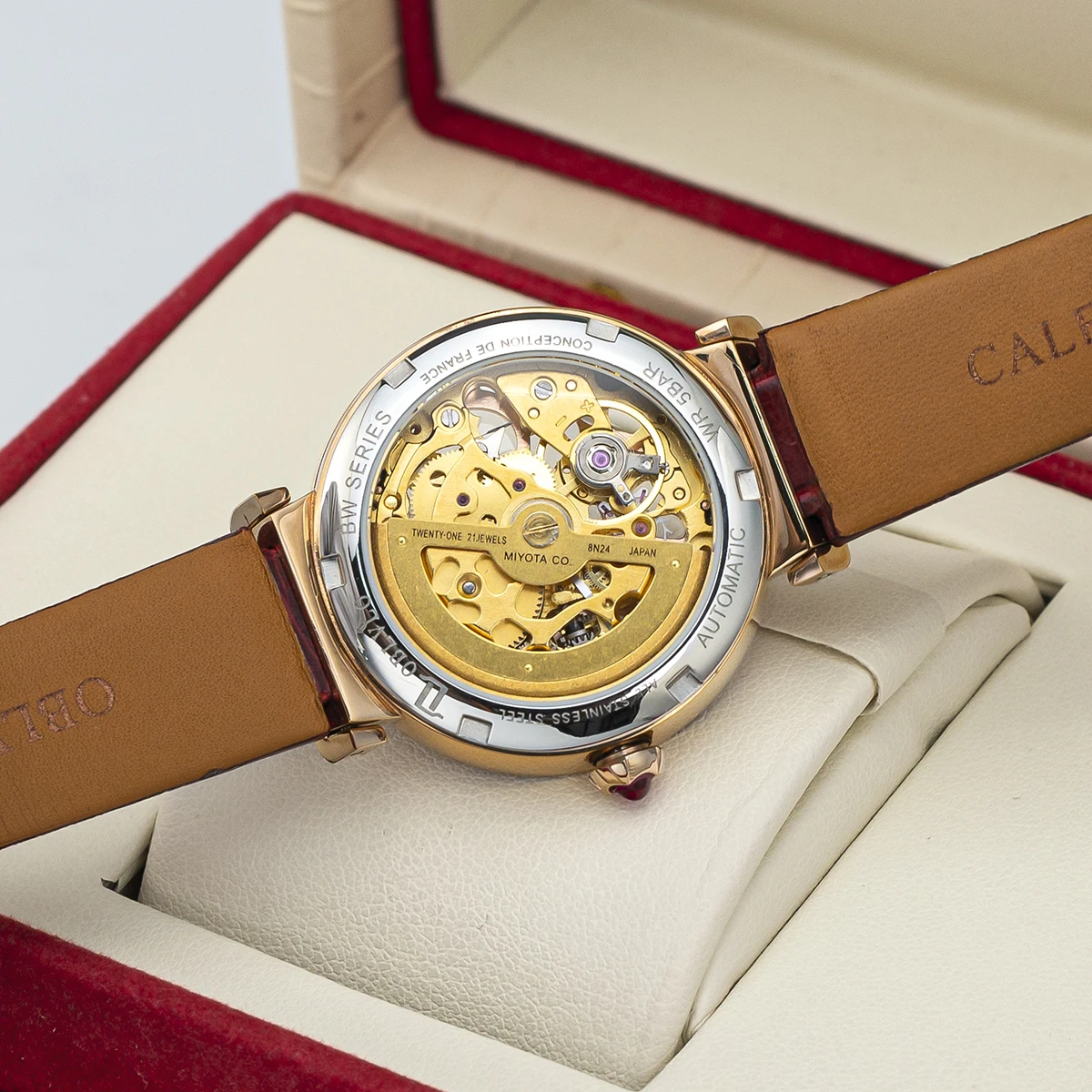 

OBLVLO New Design Women Skeleton Automatic Watches Rose Gold Top Brand Luxury Female Wrist Watch Genuine Leather Strap