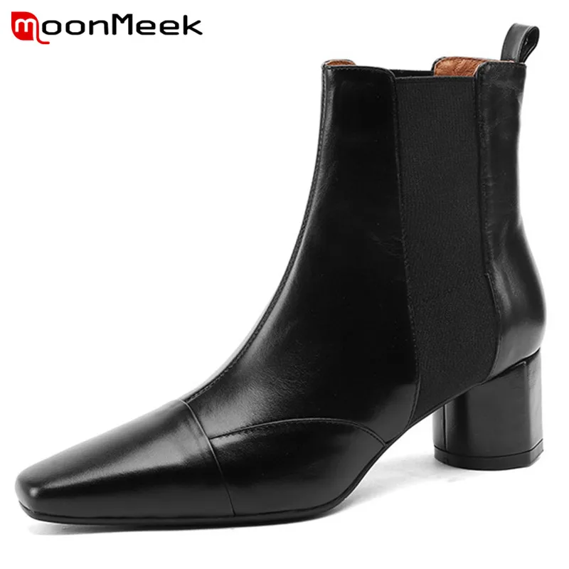 

MoonMeek 2022 Newest Genuine Leather Shoes Women Ankle Boots Stretch Slip On Chelsea Boots High Heels Dress Shoes Ladies