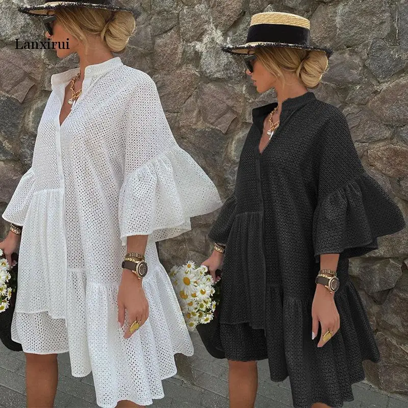 

Sexy Mesh See Through Shirt Dress Autumn Three Quarter Sleeve Solid Black Mini Dress Loose V Neck Flare Sleeve Ruffle Dresses