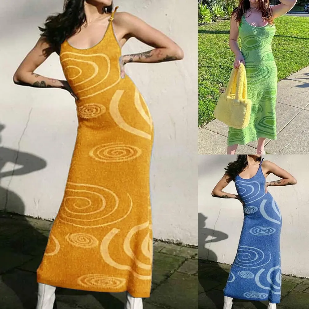 

2021 Print Knit Bodycon Dress Women Green Y2K Summer Hollow Out Sexy Sleeveless Spaghetti Strap Beach Midi Party Dresses