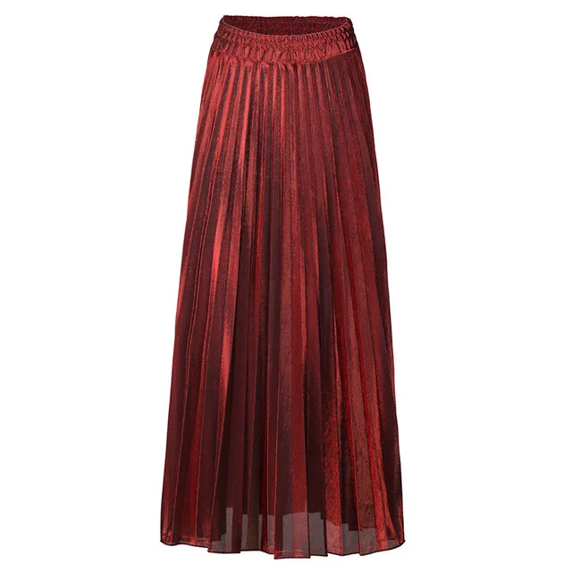 

New 2020 Spring Autumn Women Elastic Waist Pleated Midi Skirt Plus Size Casual Maxi Skirt Shiny Skirts Womens Black Gold Silver