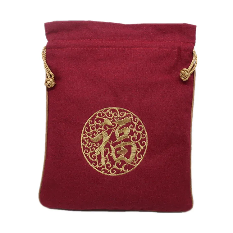 10pcs Chinese style Embroidery Lucky Fu Bag Large Jewellery Pouch Cotton Linen Drawstring Gift Packaging Candy Storage