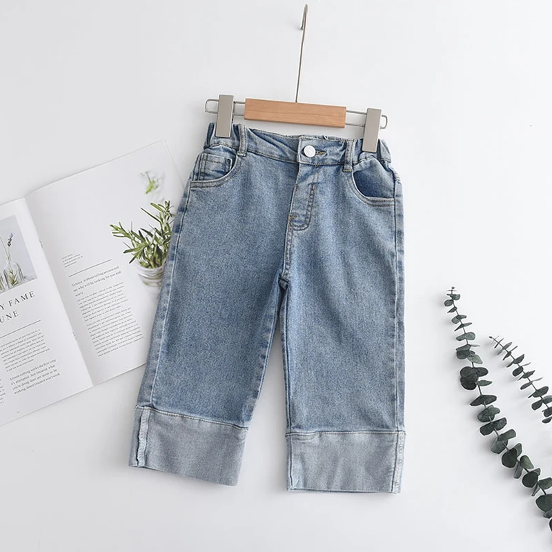 

Джинсы детские с широкими штанинами, Свободные повседневные штаны из денима, на пуговицах, синие Черные, в Корейском стиле для девочек