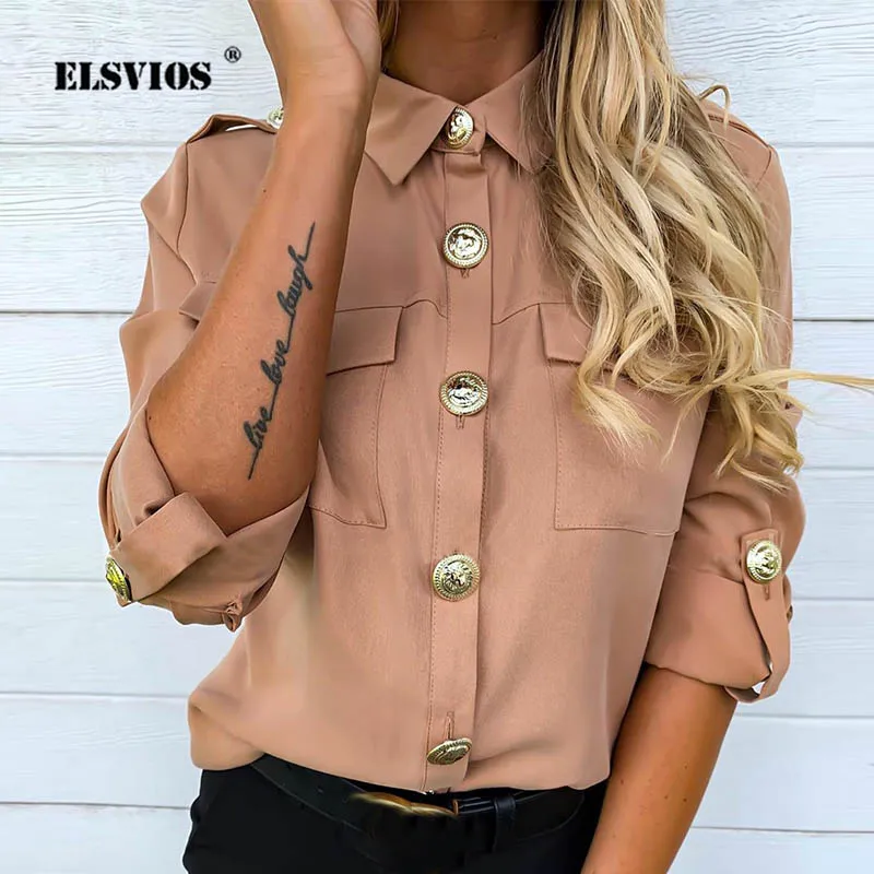 

Женская блузка с регулируемыми рукавами, однотонная, с карманами и пуговицами