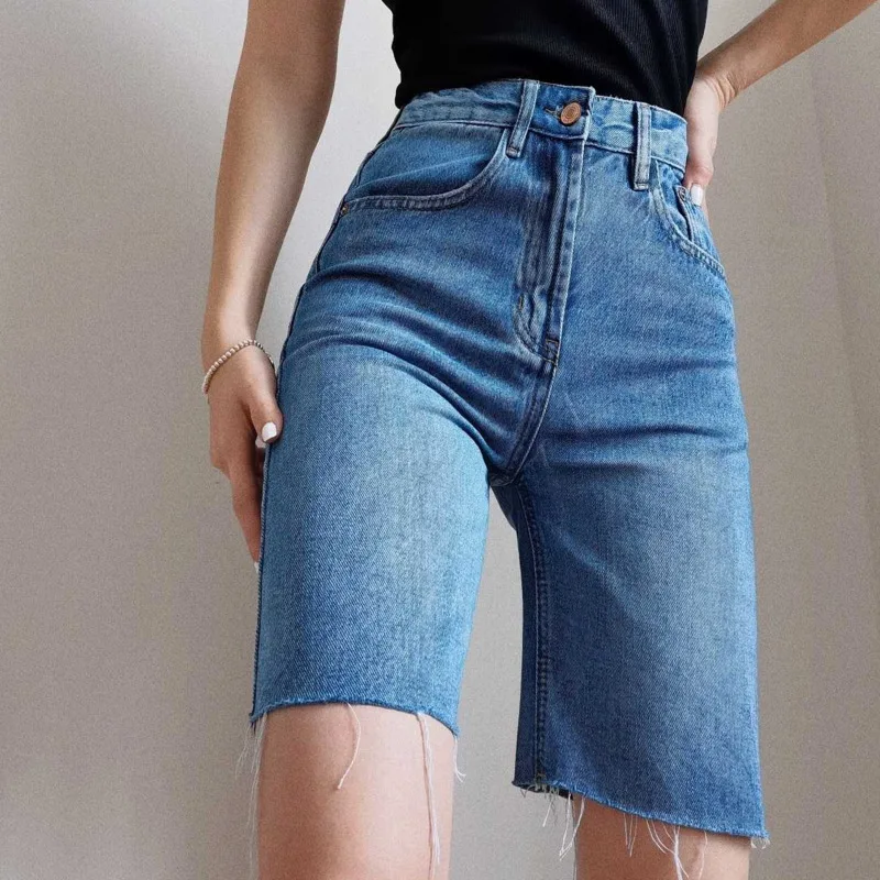 

WOMENGAGA 2021 Spring Summer Women New High Waist Raw Edge Non-stretch Multicolor Knee Length Denim Shorts For Ladies HXVS
