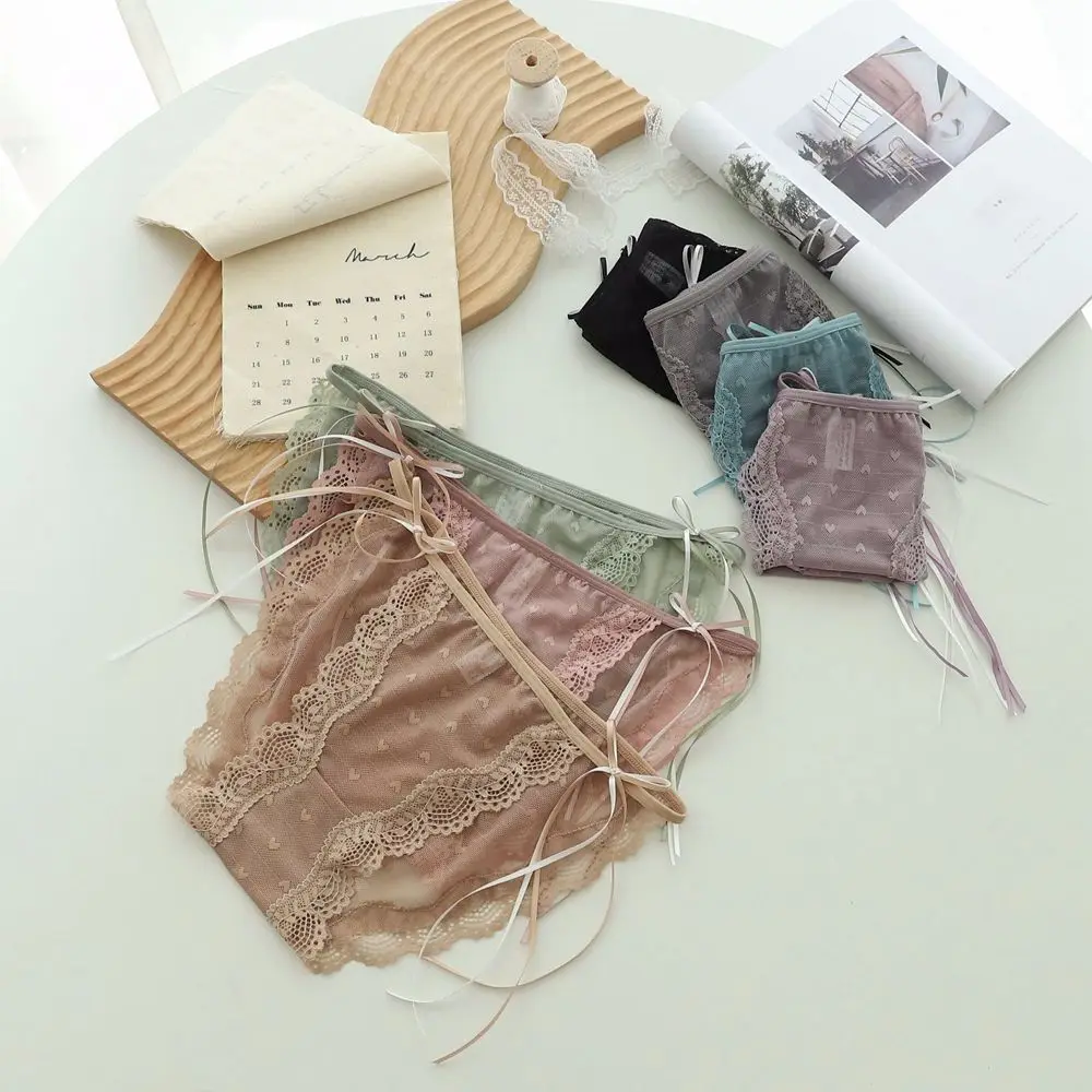 

1Pcs Japanese Sexy Lace Bowknot Panties Women Mesh Lingerie Tempting Bandage Briefs Women's Underpants Low Waist Underwear