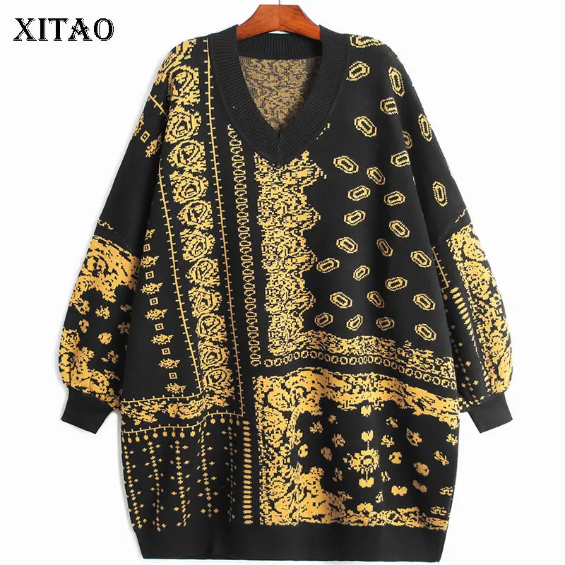 

XITAO, жаккардовые вязаные пуловеры, 2021, зимние, модные, повседневные, с v-образным вырезом, универсальные, темпераментные, большие размеры, сво...