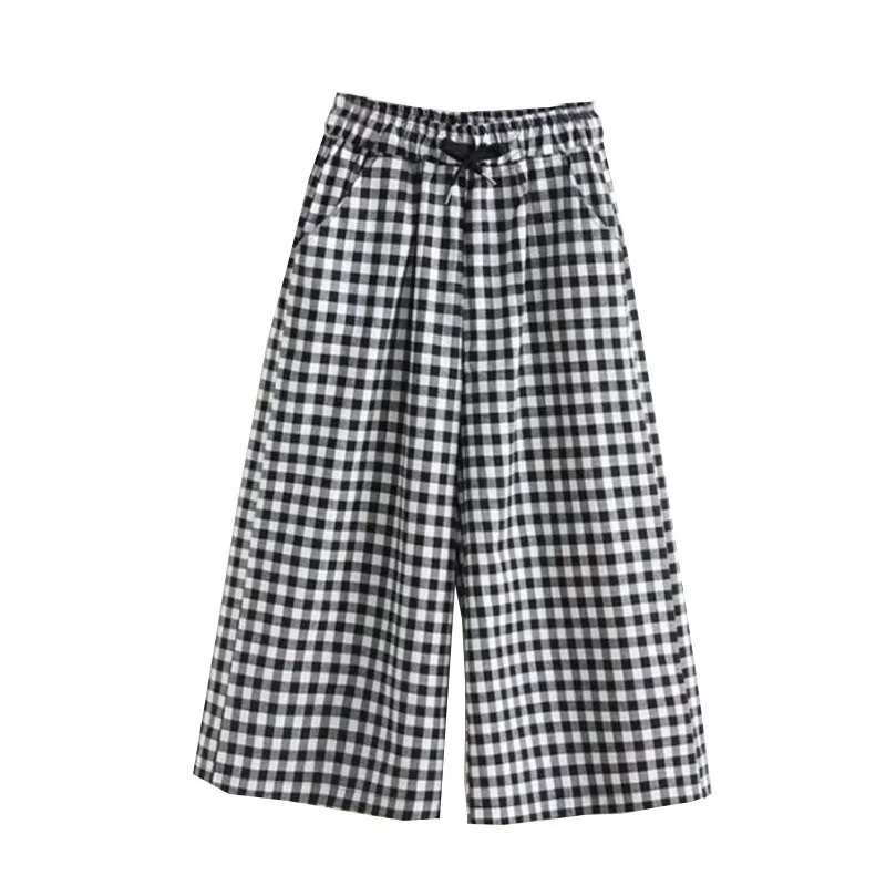 

Black And White Plaid Wide Leg Shorts Women Summer High Waisted Cotton Shorts Womens Lace Up Loose Shorts Women