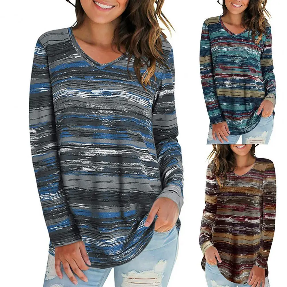 

2021New Autumn Women T-shirt Digital Striped Print VNeck Autumn Winter Long Sleeve All-Match Top Streetwear Fashion TShirt Loose