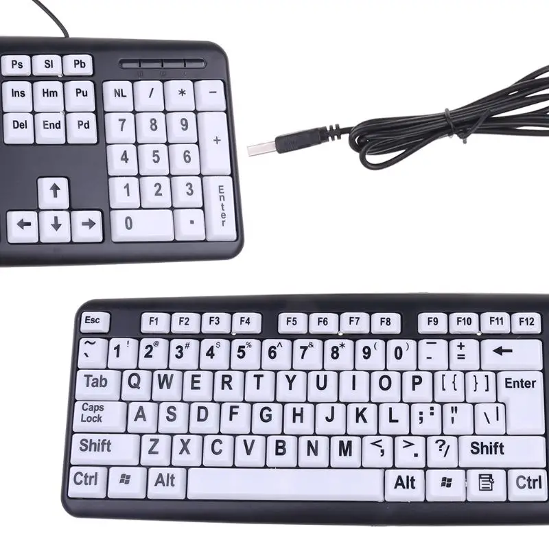 

USB Wired PC Computer Game Gaming Keyboard High Contrast Large Print White Keys Black Letter for Old People Elderly Men