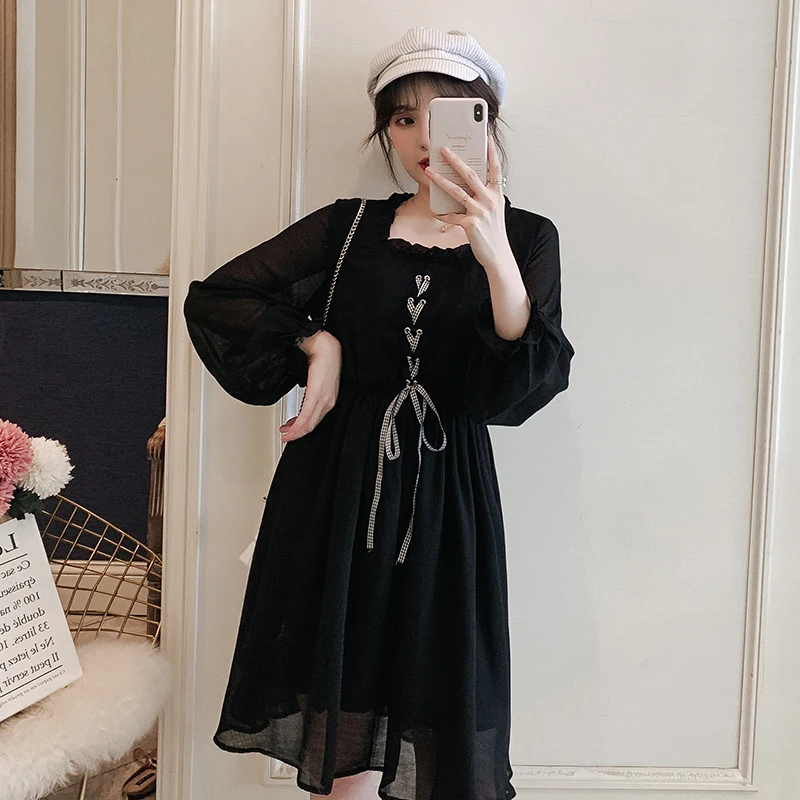 Spring Pregnant Women Chiffon Dress Plus Size Long Lantern Sleeve Drawstring High Waist Square Collar Maternity Black Loose | Мать и