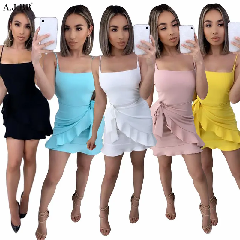 

Europe and America sexy solid color suspender dress fashion slim square neck off shoulder sleeveless women's Mini Skirt