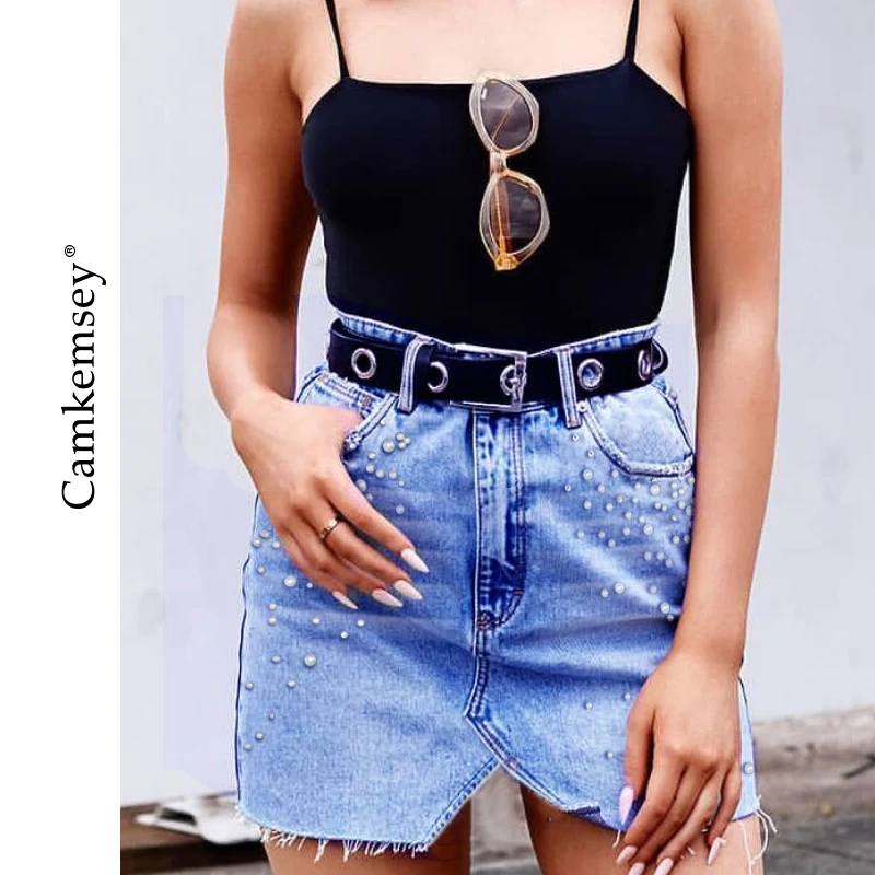 CamKemsey модные джинсовые юбки с жемчужинами женская элегантная юбка-карандаш