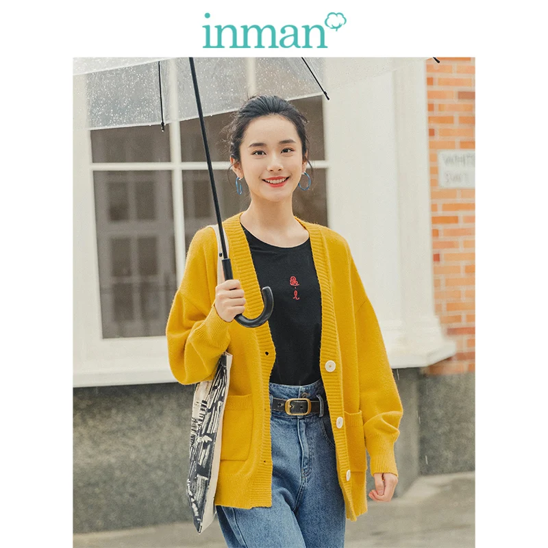 INMAN весенний осенний Молодежный литературный стиль трикотажный v-образный вырез