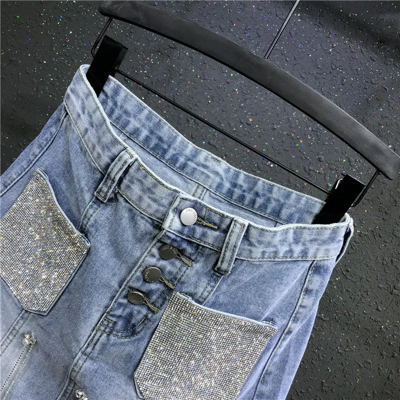 2019 Летняя мода женские Стразы с карманами на пуговицах завышенной талией