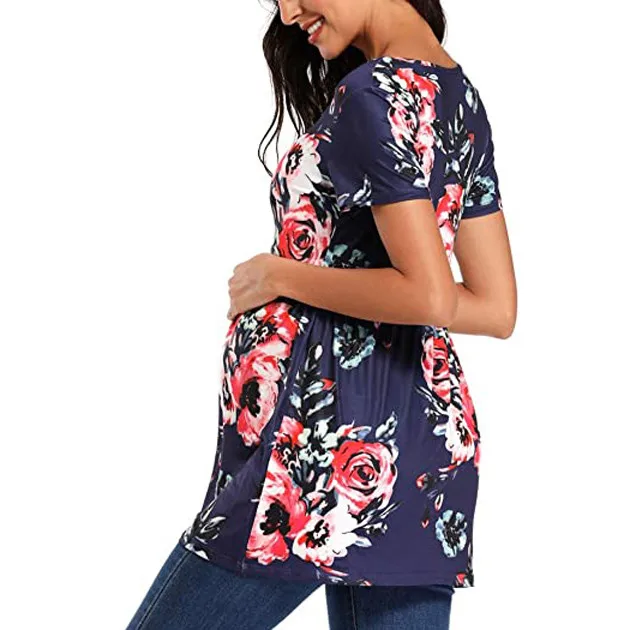 

#5 Women Maternity Short Sleeve Fashion Print Tops Pregnancy T-shirt Clothes Mid-length Dress